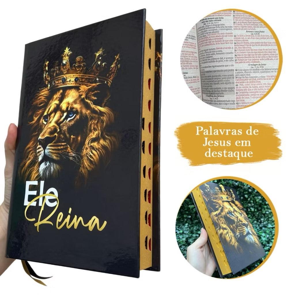 Bíblia Sagrada Evangélica Ele Reina Leão Capa Dura Com Harpa e Índice LETRA MÉDIA Versão ARC Jovem