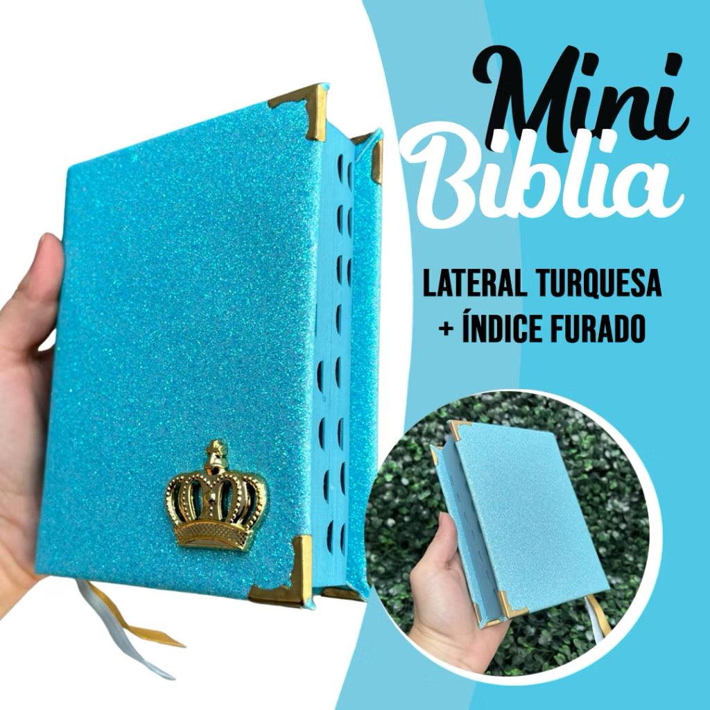 Mini Bíblia Feminina Infantil de Bolsa com índice Letra Pequena ARC Glitter Turquesa Evangélica