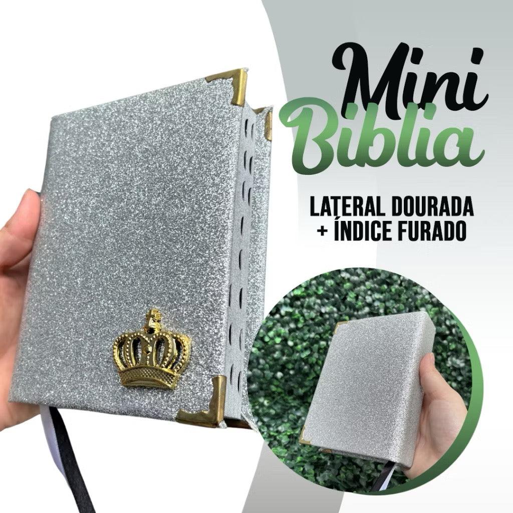 Mini Bíblia Feminina Infantil de Bolsa com índice Letra Pequena ARC Glitter Prata Jovem Evangélica