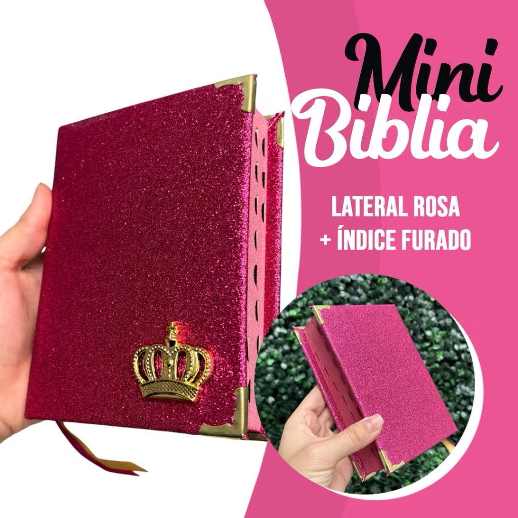 Mini Bíblia Feminina Infantil de Bolsa com índice Letra Pequena ARC Glitter Rosa Jovem Evangélica