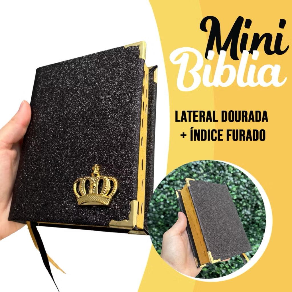 Mini Bíblia Feminina Infantil de Bolsa com índice Letra Pequena ARC Glitter Preta Jovem Evangélica